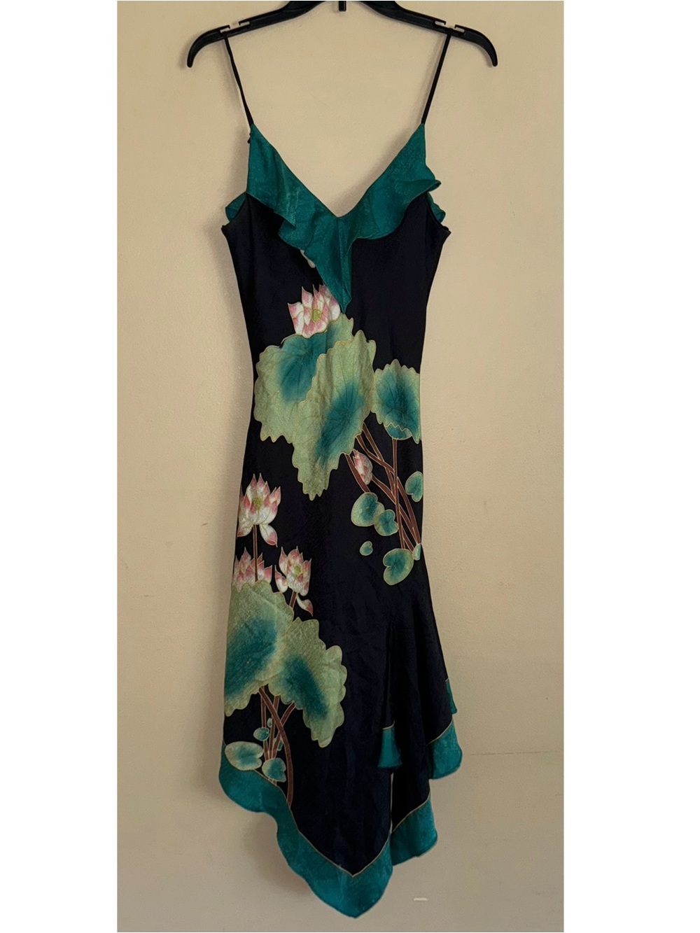 Vintage Sue Wong 100% Silk Lotus Floral Midi Slip Dress Ruffle Asymmetric Size 6